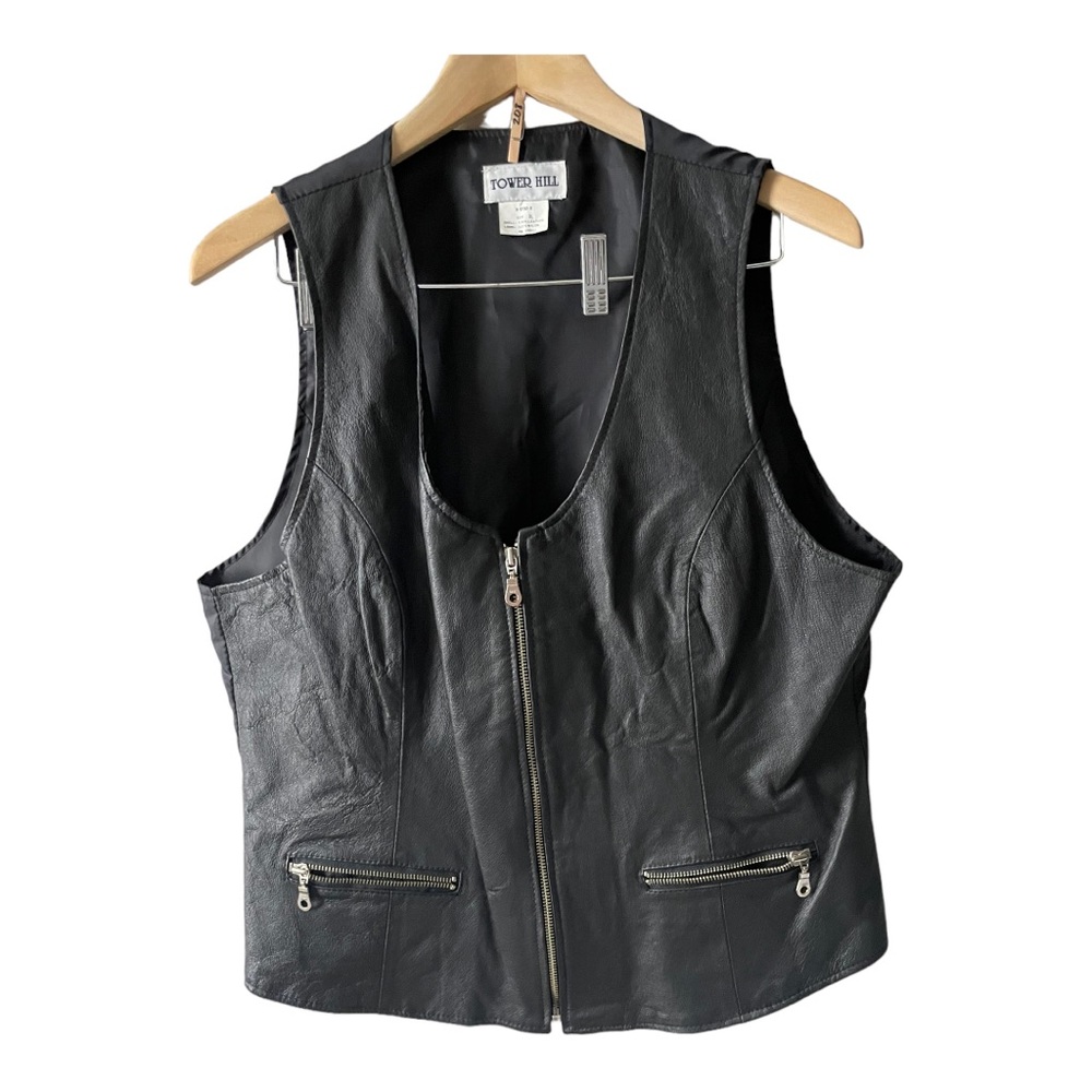 Vintage Tower Hill Black Leather Zip Front Vest Size Extra Large Moto Biker